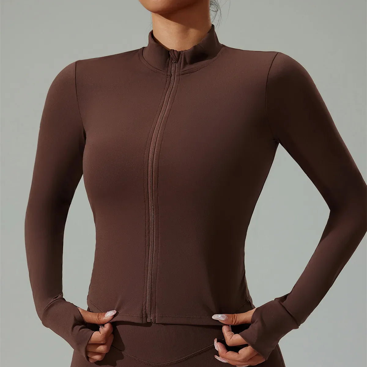 Women Zip Yoga Jacket Outdoor Running Sports Jacket Gym Push Up Fitness Long Sleeved Jacket Quick Drying Thumb Button Yoga Top