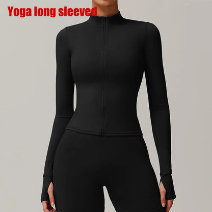 Women Zipper Jacket Yoga T-shirts Solid Sports Top Long Sleeve Crop Tops Running Shirts Sexy Quick Dry Fitness Gym Sport Wear