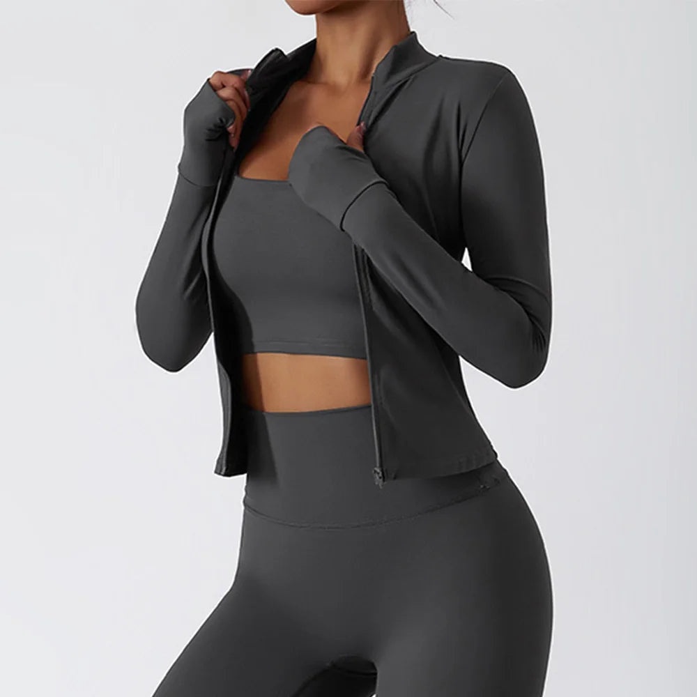 Women Zipper Jacket Yoga T-shirts Solid Sports Top Long Sleeve Crop Tops Running Shirts Sexy Quick Dry Fitness Gym Sport Wear