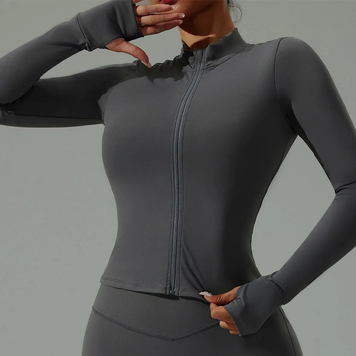 Women Zip Yoga Jacket Outdoor Running Sports Jacket Gym Push Up Fitness Long Sleeved Jacket Quick Drying Thumb Button Yoga Top