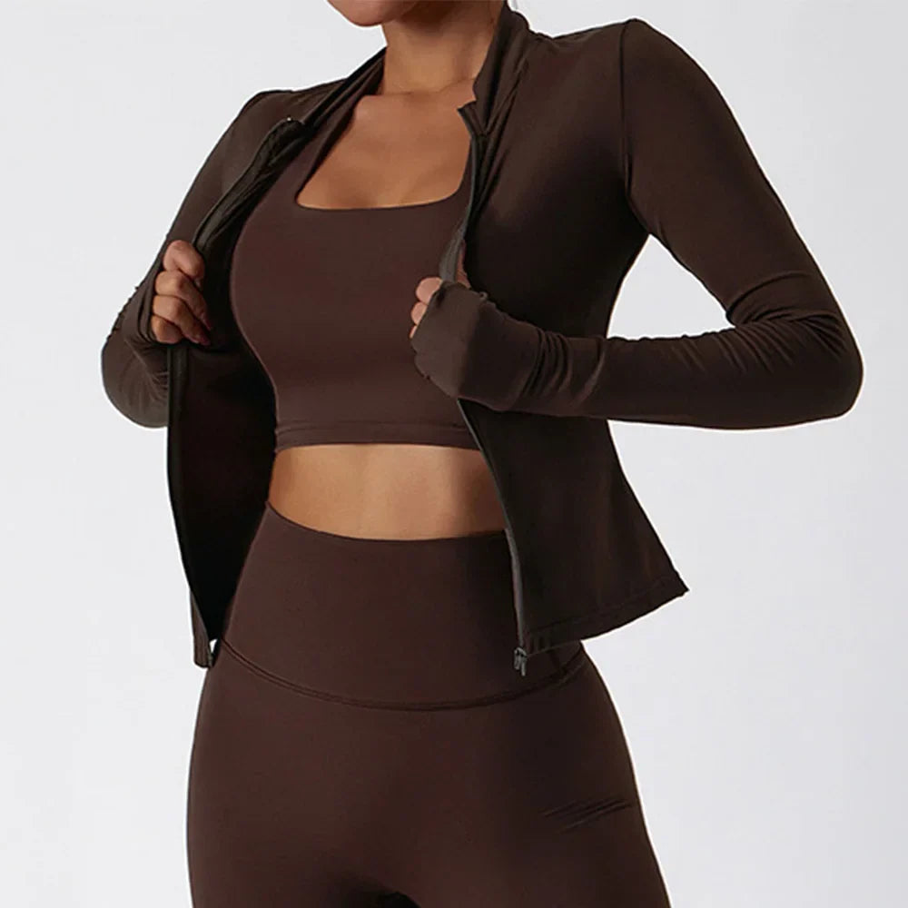 Women Zipper Jacket Yoga T-shirts Solid Sports Top Long Sleeve Crop Tops Running Shirts Sexy Quick Dry Fitness Gym Sport Wear