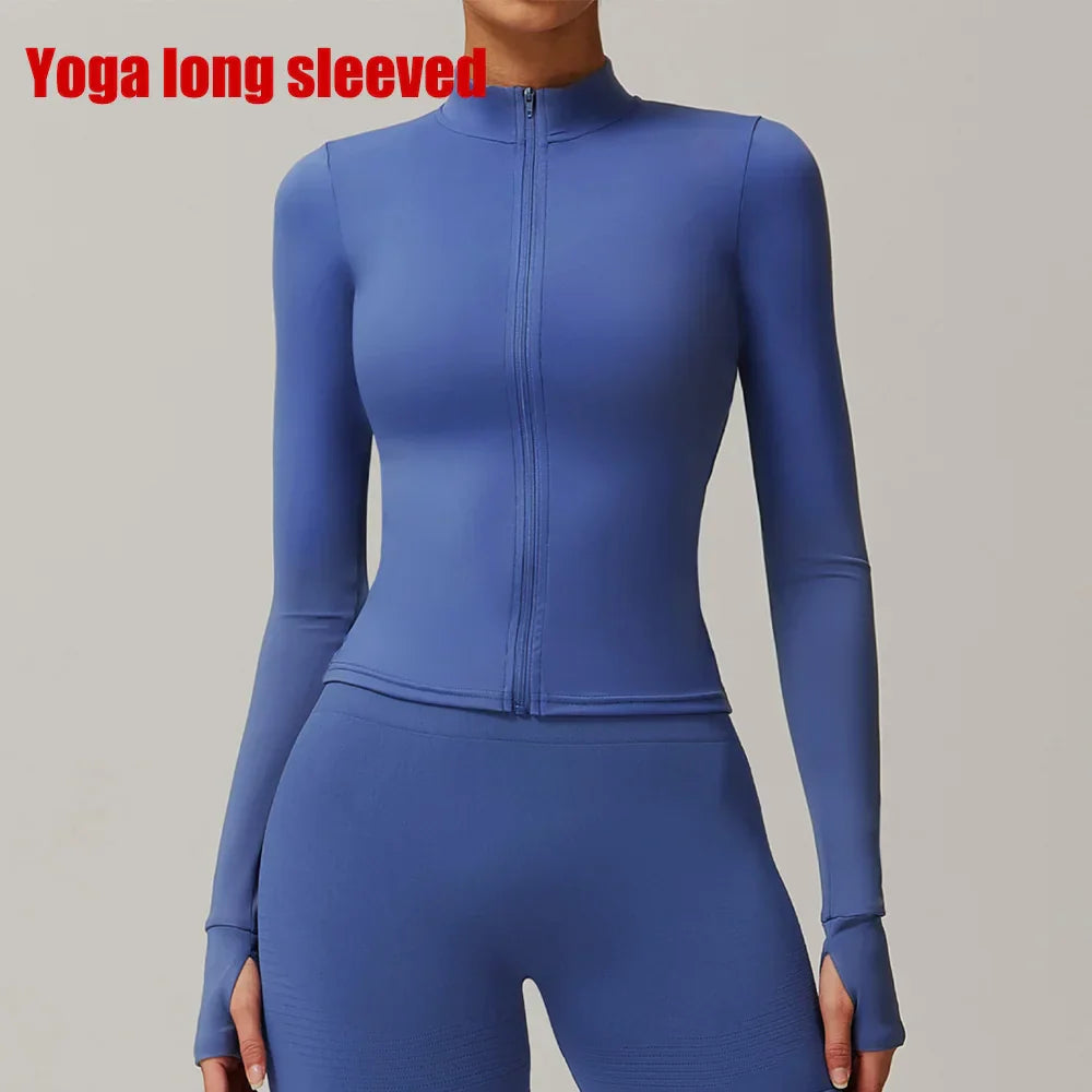 Women Zipper Jacket Yoga T-shirts Solid Sports Top Long Sleeve Crop Tops Running Shirts Sexy Quick Dry Fitness Gym Sport Wear