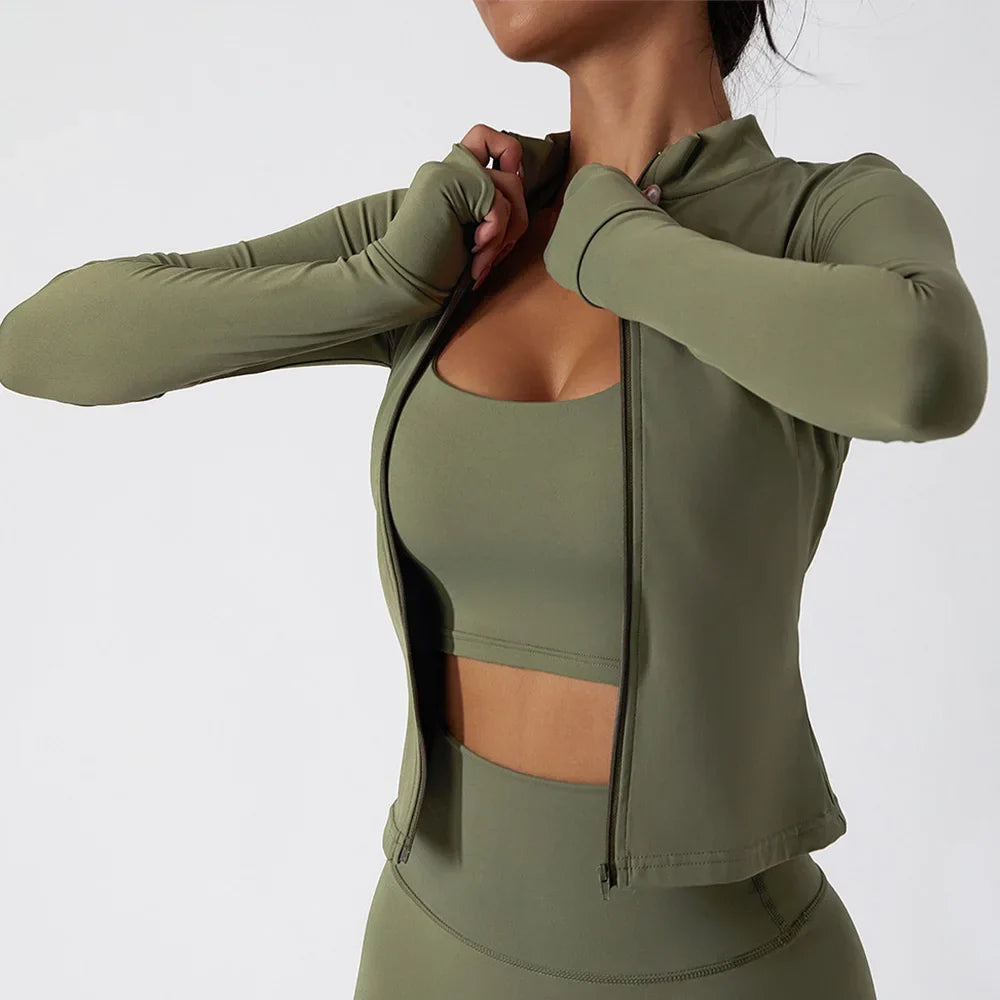 Women Zipper Jacket Yoga T-shirts Solid Sports Top Long Sleeve Crop Tops Running Shirts Sexy Quick Dry Fitness Gym Sport Wear