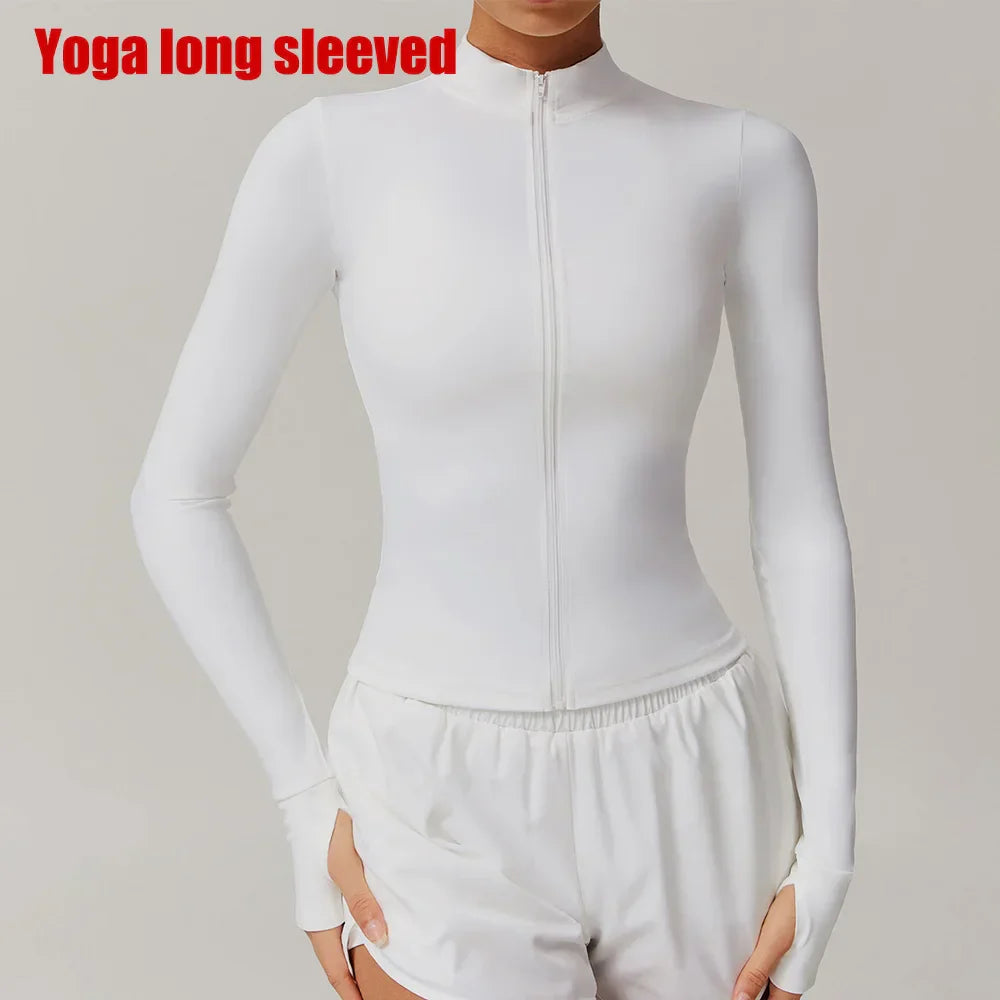 Women Zipper Jacket Yoga T-shirts Solid Sports Top Long Sleeve Crop Tops Running Shirts Sexy Quick Dry Fitness Gym Sport Wear
