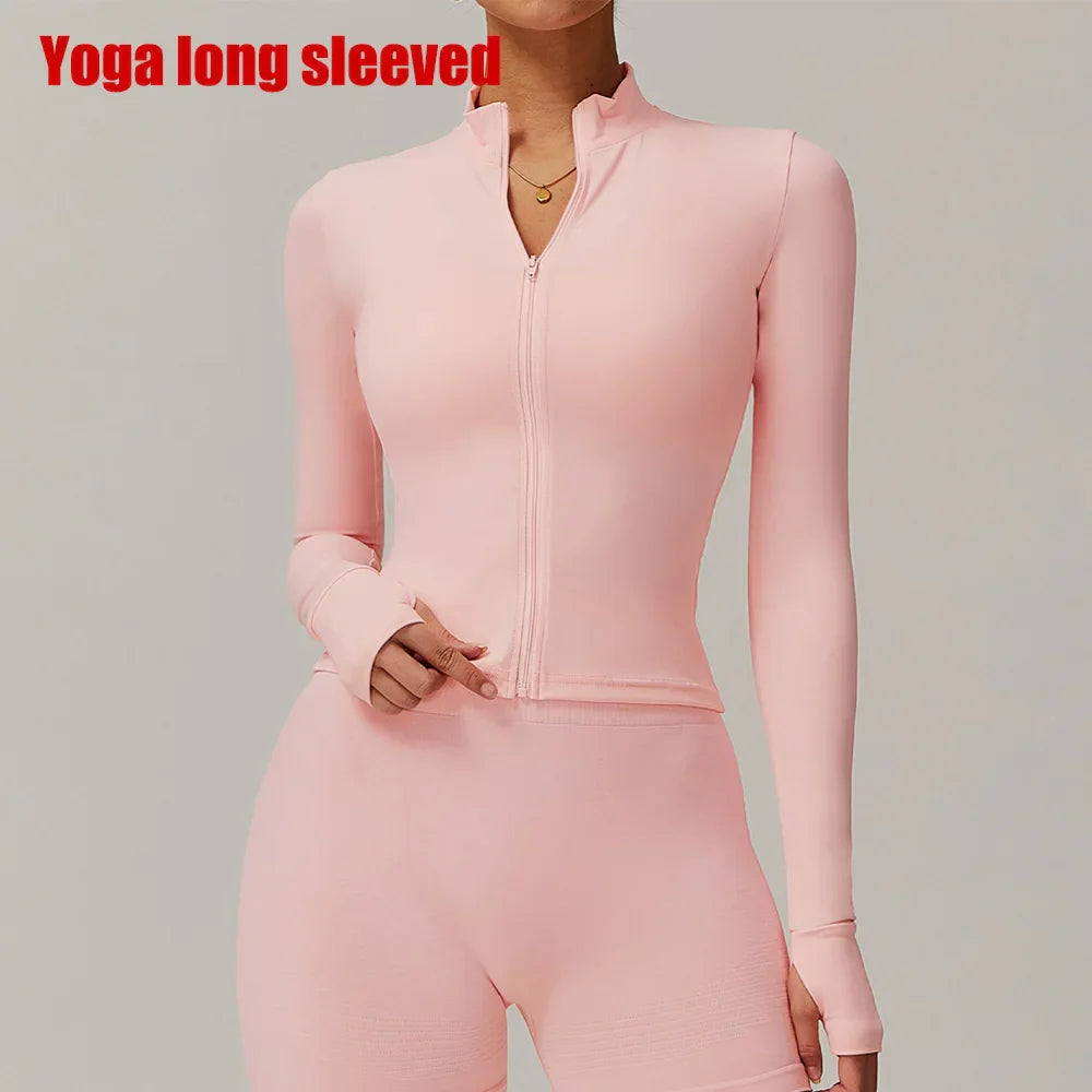 Women Zipper Jacket Yoga T-shirts Solid Sports Top Long Sleeve Crop Tops Running Shirts Sexy Quick Dry Fitness Gym Sport Wear