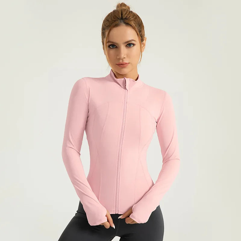 Nude yoga clothes, sports jackets, slim-fit nylon stand-up collar, tight-fitting jackets, tops, running fitness clothes